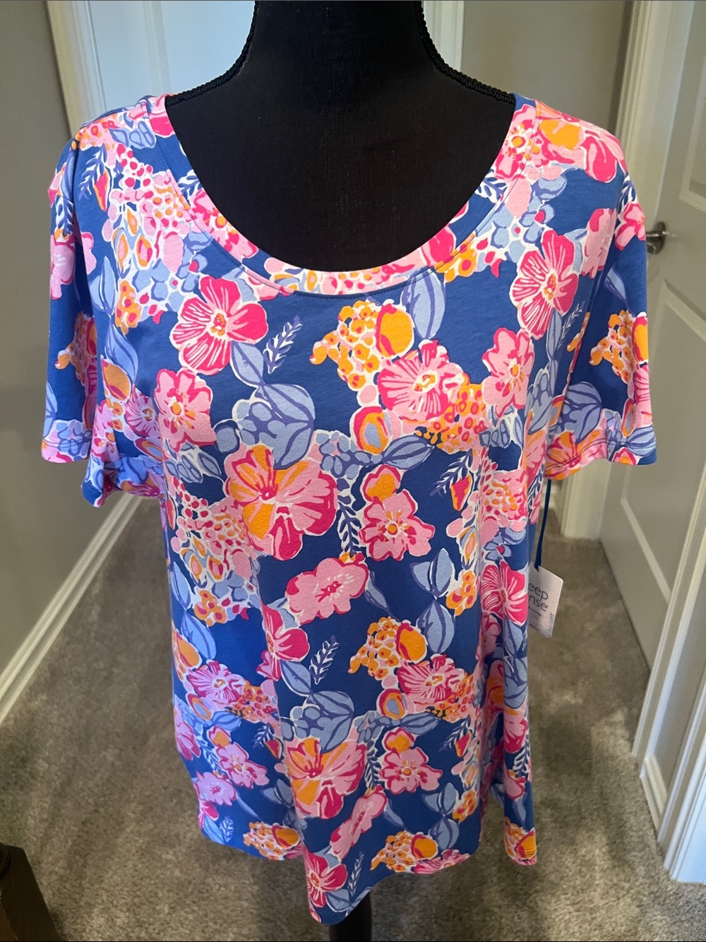 Floral Scoop Neck Short Sleeve Top - Blue/Pink